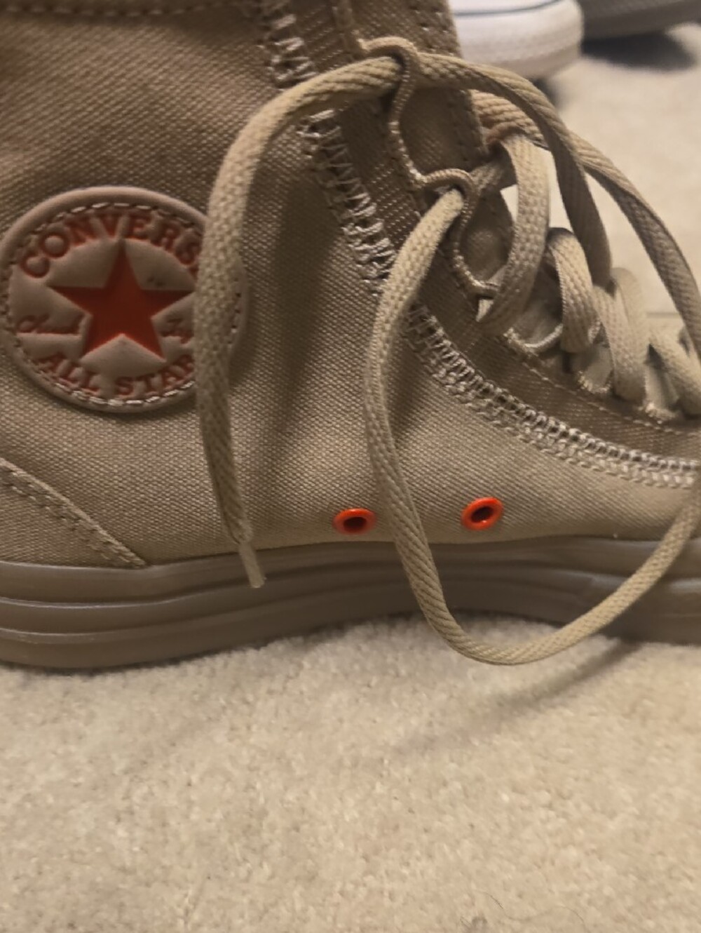 Unisex Neutral Tan/Taupe High-Top Converse Sneakers with Orange Lining - Picture 6 of 12